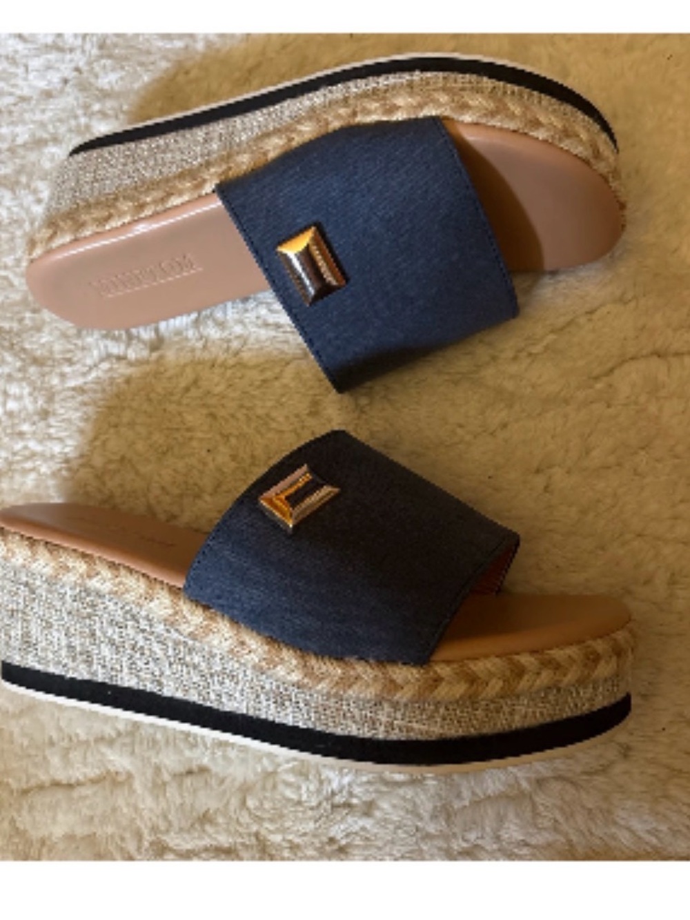 Denim Slide Platform Sandals with Gold Accent
